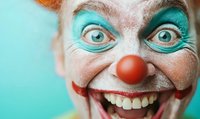Close up portrait of smiling circus performer with red nose, turquoise eye makeup and white face paint against mint green background showing joyful expression.