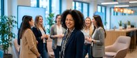 Confident African American businesswoman smiling in modern office with diverse female colleagues networking in background during corporate meeting.
