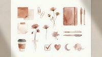 Watercolor stationery elements in warm terracotta and beige tones with dried flowers, notebooks, pens and coffee cup for branding and design projects.
