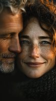 Intimate portrait of mature Caucasian father and young adult daughter sharing tender moment with warm golden lighting and genuine smiles.