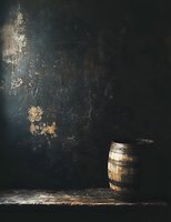 Rustic wooden barrel against dark textured wall with dramatic lighting creates moody atmosphere for wine, whiskey or brewery marketing materials.