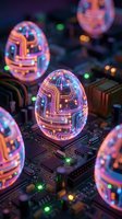 Glowing neon circuit board eggs with luminescent pathways and digital patterns on computer motherboard, representing technology, innovation, and artificial intelligence concepts.