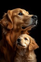 Golden retriever adult dog and puppy with cream and apricot coats posing together against black background for pet portraits and family themes.