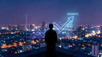 Silhouette of male entrepreneur viewing illuminated city skyline at night with glowing growth chart and upward trending arrow overlay, representing business success, financial progress, and market expansion opportunities.