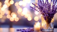 Fresh lavender bouquet in glass vase with glowing candle creating romantic atmosphere against blurred golden bokeh lights background, spa wellness concept.