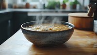 Steaming hot soup served in rustic ceramic bowl on wooden table, natural window light creates cozy atmosphere in home kitchen setting.
