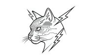 Cyberpunk cat head with futuristic circuit patterns and lightning bolts on white background. Digital feline design for modern tech projects and apparel.