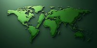 Green world map with raised relief effect on dark emerald background, modern minimalist design showing continental outlines and topographical details.