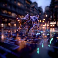 Glowing crystal bull figure on digital circuit board with city bokeh lights in background, reflecting neon colors on wet surface at dusk.