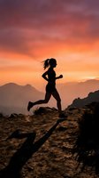 Female runner silhouette jogging on mountain trail at dramatic sunset with orange purple sky and layered peaks for fitness motivation content.