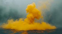 Yellow smoke cloud rising from dark water surface against moody teal background creates dramatic atmospheric effect, suitable for environmental or artistic projects.