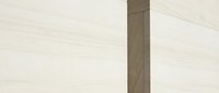 Minimalist architectural composition featuring a vertical wooden beam dividing two light concrete or plaster walls with subtle texture and power lines, suitable for modern design projects.