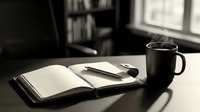 Open notebook with blank pages, pen, and dark mug on desk near window and bookshelf, suitable for writing, planning, and creative work projects.