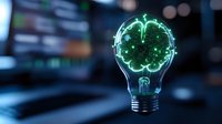 Glowing green brain-shaped circuit inside light bulb on blurred tech background represents artificial intelligence and innovative thinking.