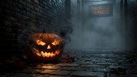 Glowing jack-o-lantern with menacing carved face sits on wet pavement in dark alley with brick walls and eerie fog, evoking spooky autumn atmosphere for seasonal marketing and Halloween promotions.