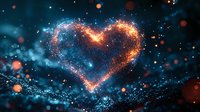 Glowing heart shape formed by magical sparkles and light particles against dark background with bokeh effect and ethereal atmosphere. For romantic designs.