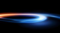 Glowing spiral light trails in orange and blue colors against black background create dynamic motion effect for technology and communication designs.