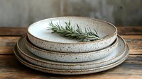 Stack of handmade ceramic plates with speckled glaze and rosemary sprig on rustic wooden table for kitchen and dining decor.