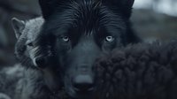 Close-up portrait of black wolf with piercing eyes in dramatic monochrome style, showing intense wild animal gaze against blurred natural background.