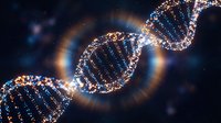 Glowing DNA double helix structure with golden particle effects on dark background, representing genetic science, biotechnology, and molecular biology research.