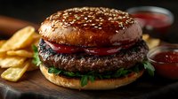 Juicy beef burger with sesame bun, fresh vegetables, and crispy french fries on dark background. Close-up shot of gourmet hamburger with sauce bowls.