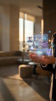 Businessman hand holding holographic digital icons and data visualization in modern office environment for technology and innovation concepts.