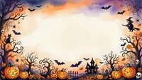 Halloween spooky frame with pumpkins, bats, haunted house and witch silhouette on orange purple gradient background for seasonal design projects.