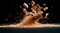 Chocolate pieces exploding with cocoa powder creating dynamic splash effect against dark background, dramatic food photography with warm copper tones.