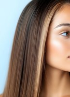 Close-up portrait of young Asian woman with long straight brown hair with blonde highlights, flawless skin and natural makeup against light blue background.