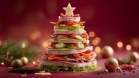 Creative Christmas tree made from layered sandwich ingredients with star-shaped cheese topper on festive red background with bokeh lights and holiday decorations.