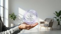 Hand holding glowing mental wellness hologram with brain icon in modern therapy office setting for healthcare and mindfulness concepts.