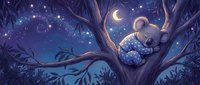 Peaceful koala sleeping on tree branch under starry night sky with crescent moon, dreamy forest scene for children's bedtime stories and nursery decor.