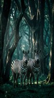 Two zebras standing together in mystical forest with dramatic lighting and twisted tree branches creating enchanting wildlife scene.
