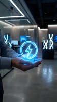 Hand holding glowing blue lightning bolt symbol in modern office environment with neon signs, representing energy, power, innovation, and technology solutions for business and corporate applications.