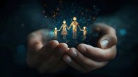 Glowing golden family silhouettes floating above cupped hands with magical sparkles and bokeh effects on dark background, representing protection and care.