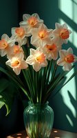 Fresh spring daffodils with salmon pink centers in glass vase against green wall with natural window light and shadows creating dramatic mood.