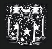Mason jars filled with glowing stars against dark background, hand drawn style with magical night sky effect. Whimsical folk art design for crafts and decor.