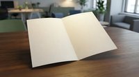 Open blank notebook with empty pages on wooden desk in modern office interior for business planning and note-taking.