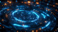 Futuristic digital spiral of blue and orange light particles on dark background, representing advanced technology and data visualization.