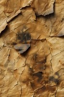 Cracked and weathered brown paper texture with dark burn marks and natural aging patterns creates dramatic abstract background for vintage designs.