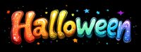 Rainbow colored glowing Halloween text with colorful stars on black background, festive holiday lettering design for greeting cards and decorations.