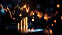 Stacks of golden coins against financial chart background with glowing bokeh lights, symbolizing wealth growth and investment success in stock market trading.