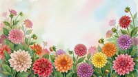 Colorful dahlia flowers border with vibrant blooms in pink, orange, yellow and purple creating decorative frame on soft pastel background for greeting cards.