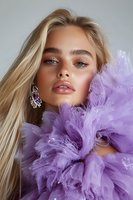 Young blonde woman with natural makeup wearing lavender tulle dress and crystal earrings. Fashion portrait with soft lighting showcases glamorous evening style.