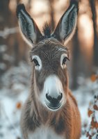 Close-up portrait of brown donkey with long ears against blurred winter background, showing expressive eyes and gentle facial features in soft natural lighting.