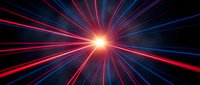 Bright light burst with radiating red and blue neon rays streaking outward from center on black background, suitable for technology and digital design projects.
