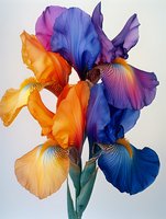 Vibrant orange and purple iris flowers with delicate ruffled petals against light background, showcasing dramatic color contrast and intricate natural patterns.