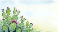 Watercolor prickly pear cactus with pink blooms on soft gradient background for botanical illustrations and desert-themed designs.
