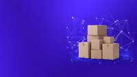 Cardboard boxes stacked with digital network connections on vibrant purple background, representing logistics and supply chain technology in modern delivery.