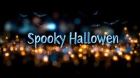Spooky Halloween text with glowing orange lights and flying bats silhouettes against dark night sky background for seasonal party invitations and decorations.